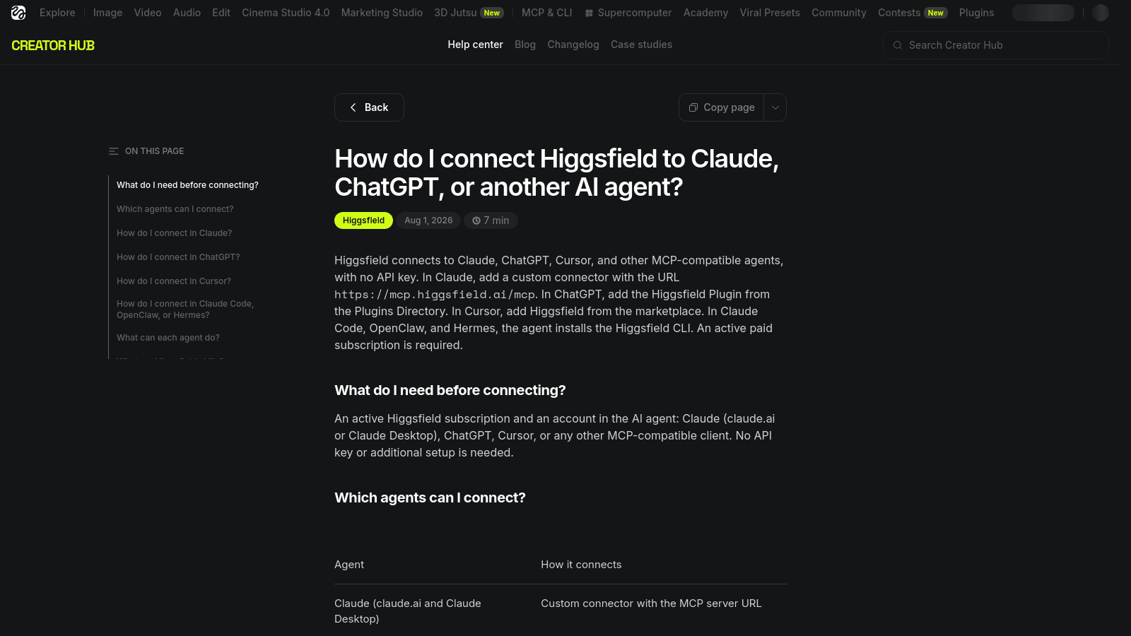A Higgsfield Creator Hub help page explaining how to connect AI agents like Claude and ChatGPT.