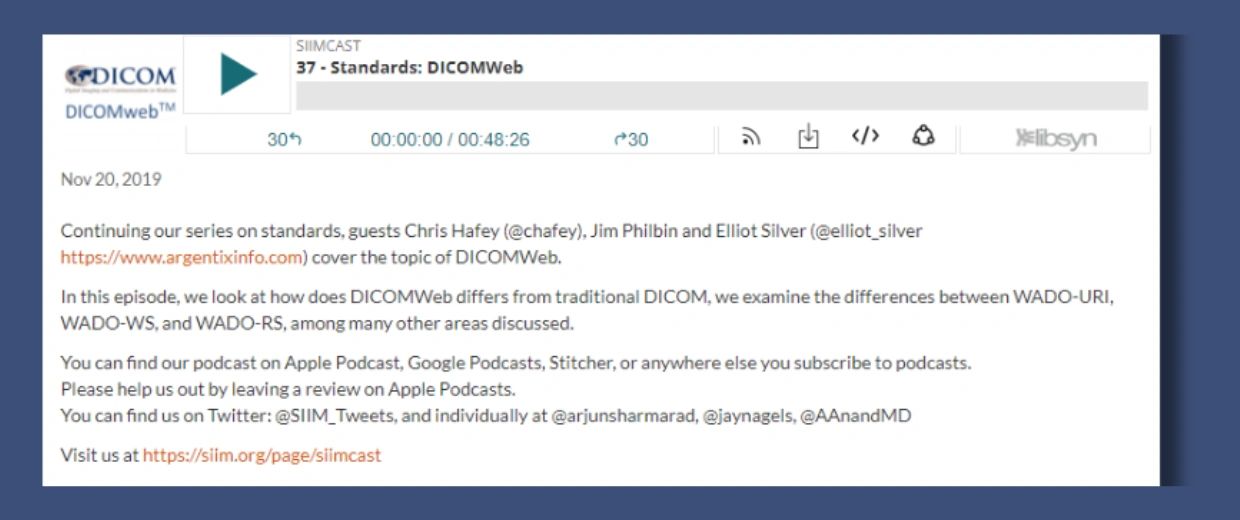 "Podcast cover art for episode discussing the differences between traditional DICOM and DICOMWeb, including WADO-URI, WADO-WS, and WADO-RS in medical imaging technology.