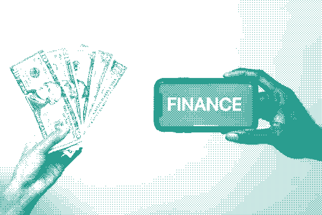 A hand holding a phone and money in the hand on the left