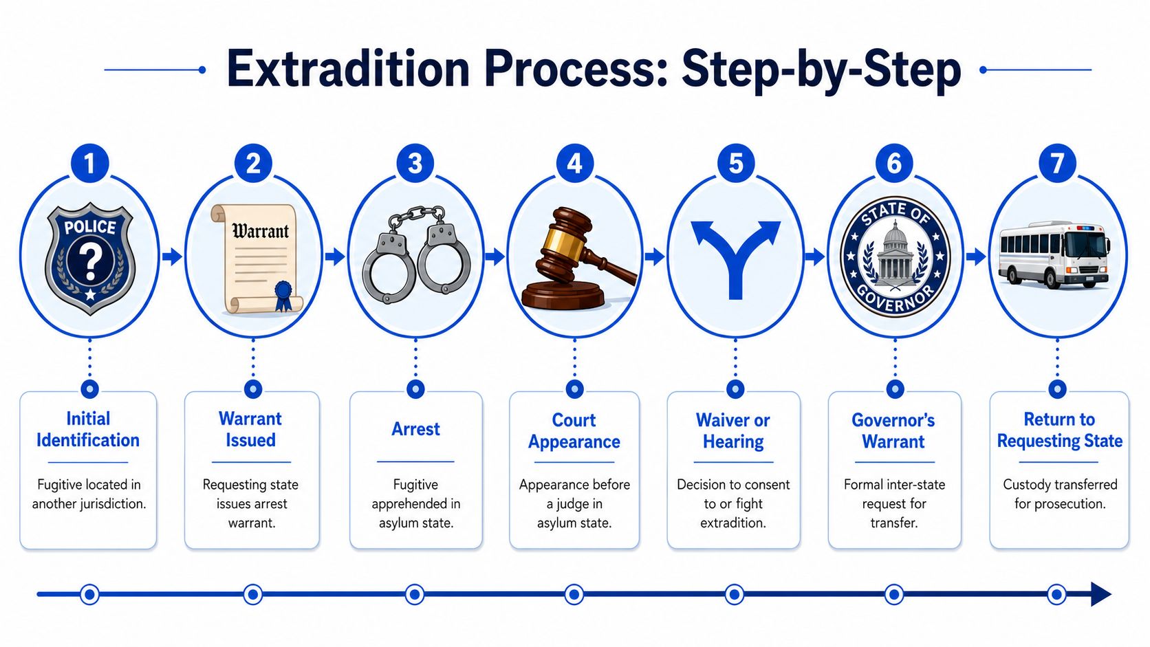 A diagram illustrating the seven-step legal process for the extradition of a fugitive between jurisdictions.