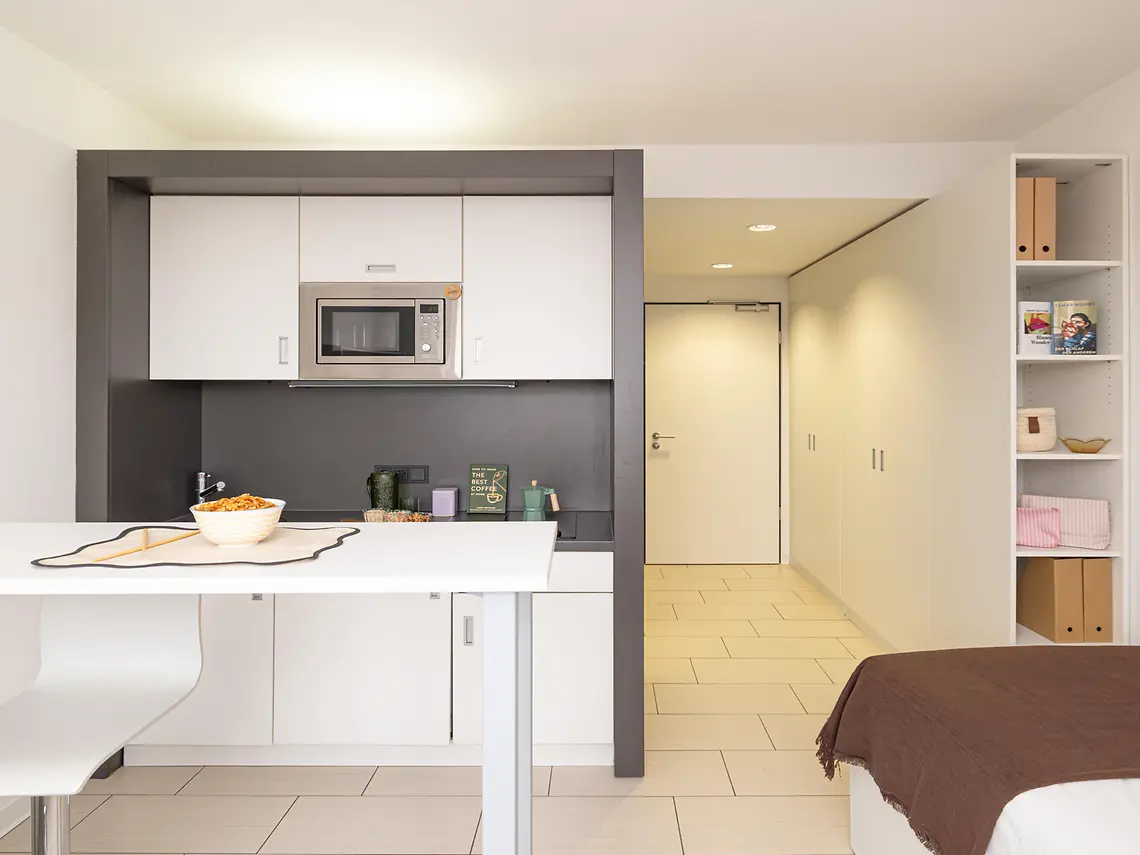 Private kitchenette in student accommodation in Frankfurt with storage and cooking facilities