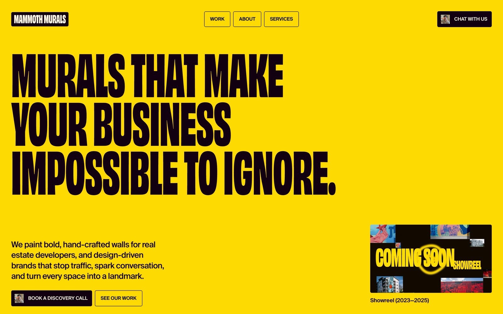 Yellow background with bold black text: "Murals that make your business impossible to ignore." Buttons: "Book a discovery call" and "See our work.