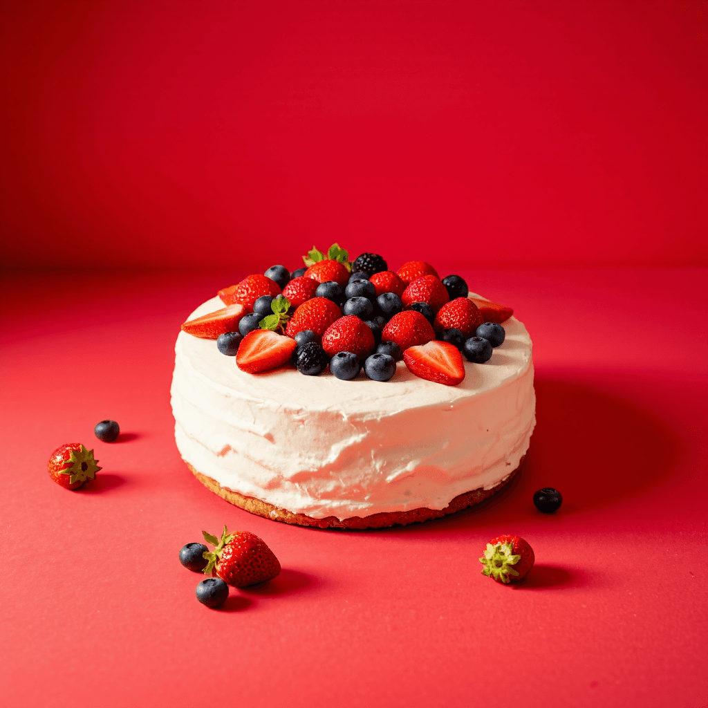 product photography of a round cake topped with fresh fruits and cream, typically used for celebrations