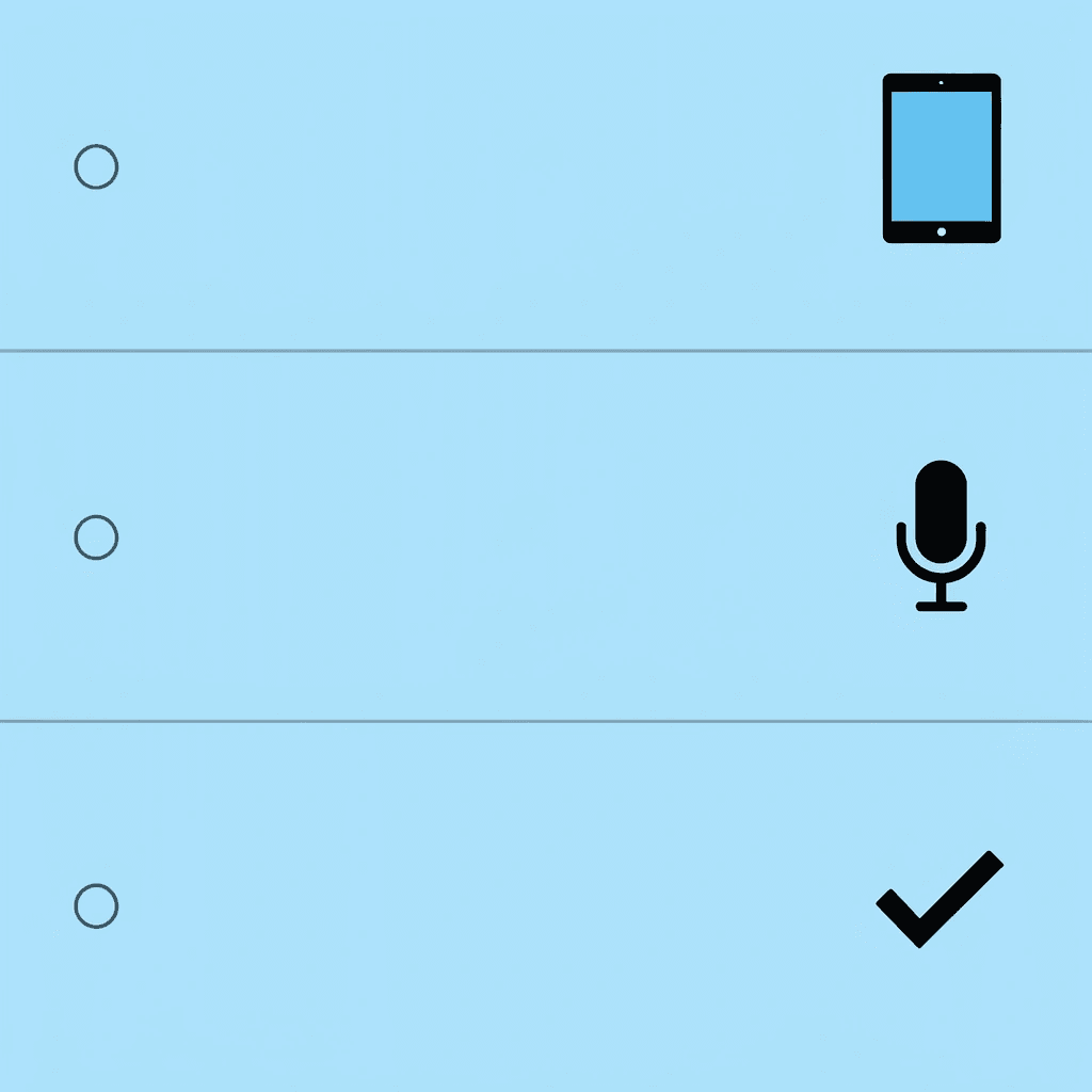 Three-step checklist showing the process of adding voiceover to PowerPoint presentations on iPad