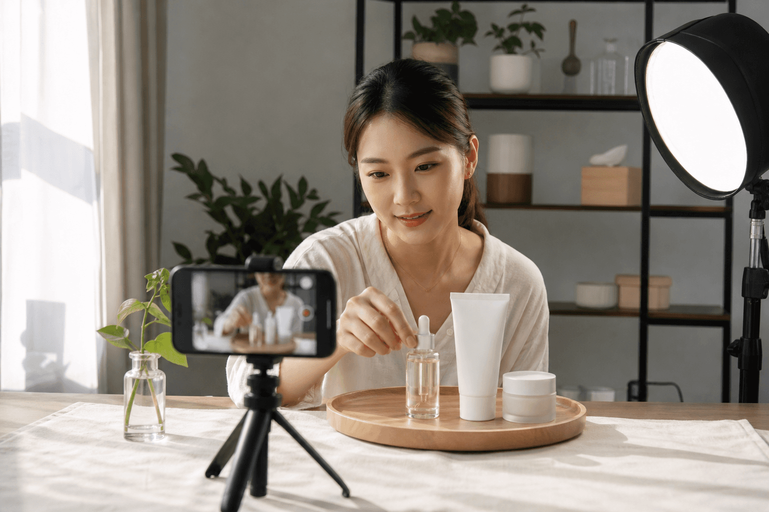 A creator filming a skincare product in a home studio with soft light, showing ecommerce ad video production.