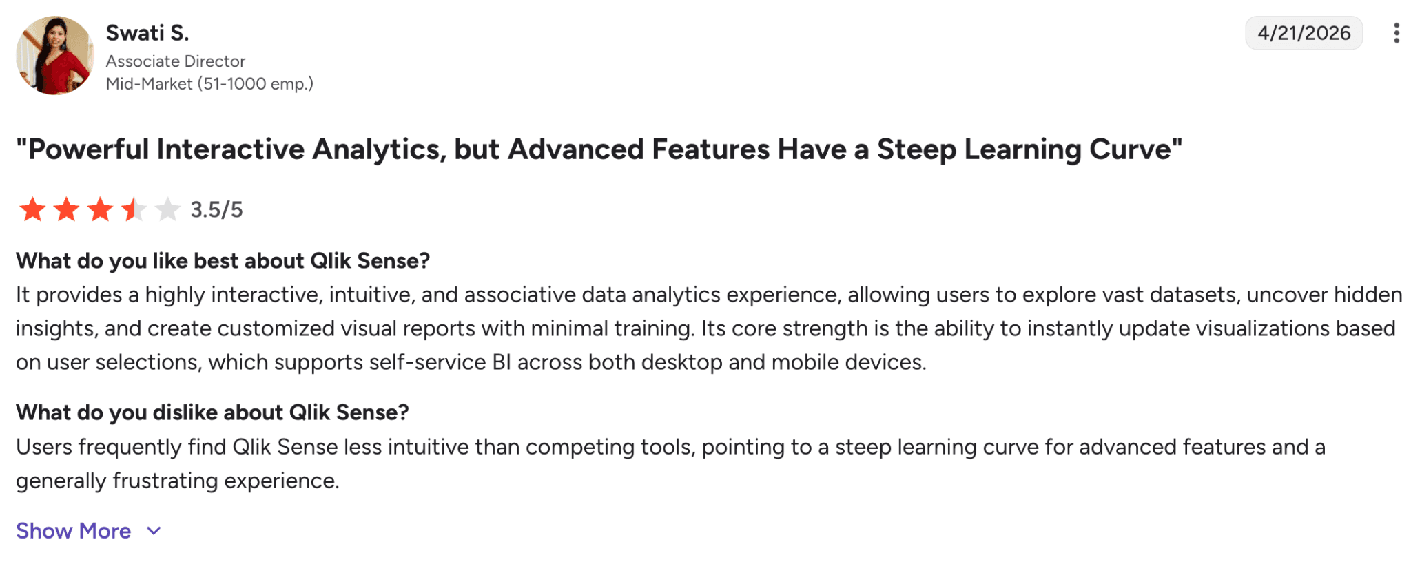 G2 reviewer saying Qlik has a steep learning curve