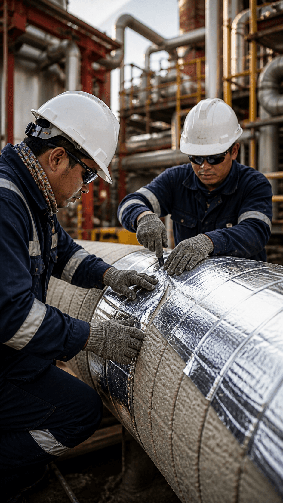 Skilled workers installing insulation on industrial pipelines