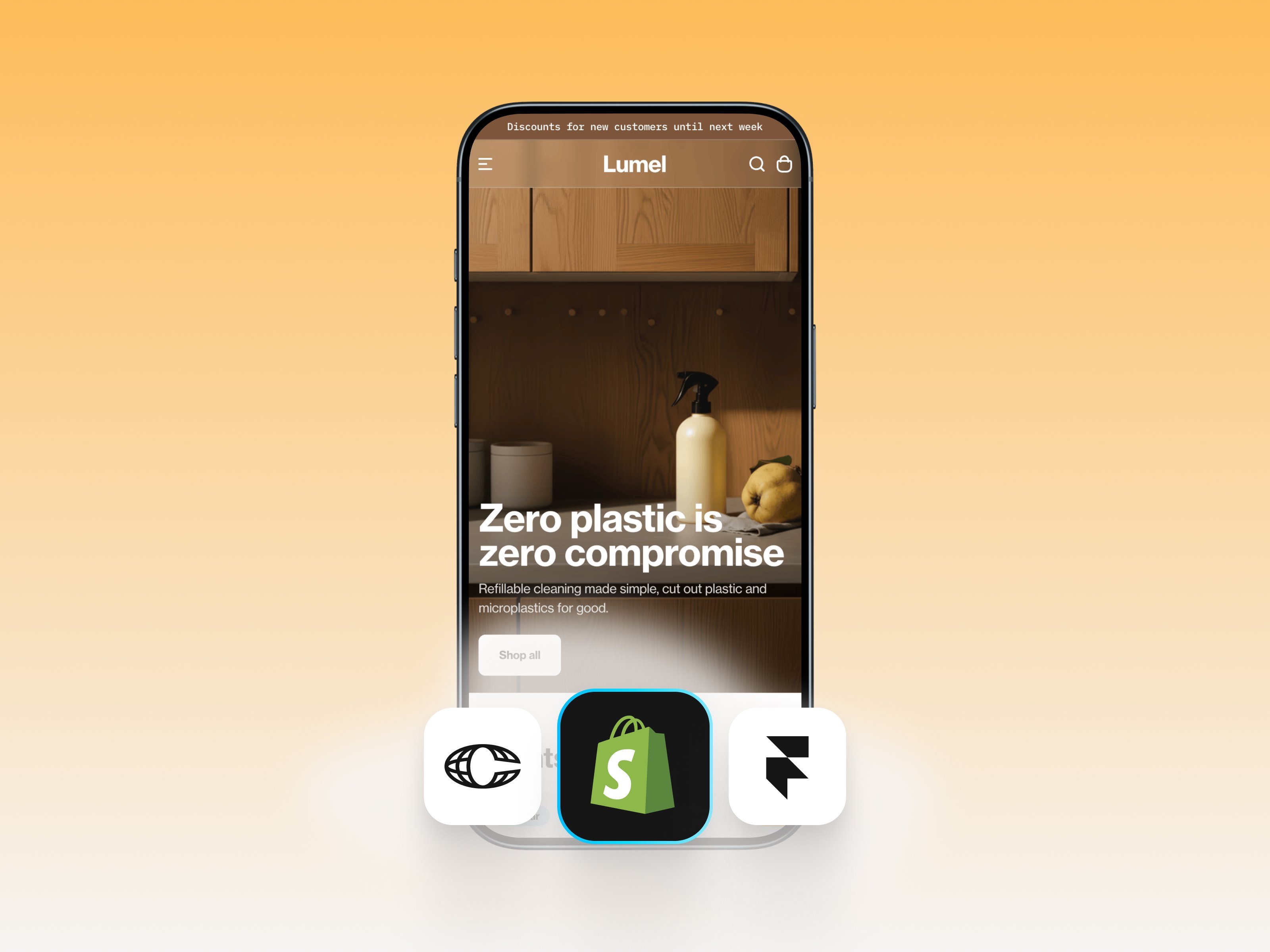 Lumel sustainable cleaning products website template on a mobile mockup with the headline "Zero plastic is zero compromise" on a warm orange gradient background