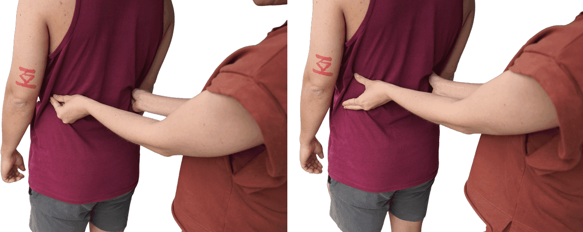 Two views of a teacher’s hand on a student’s side waist: fingertips gathered together, then spread wide