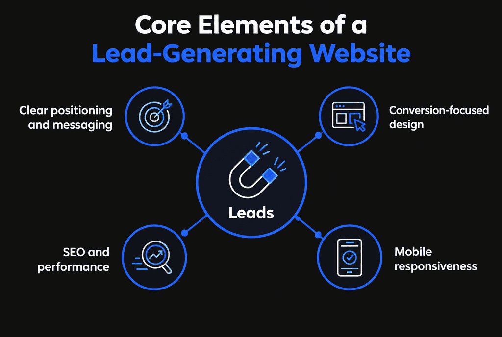 Infographic of core elements of a lead-generating website: clear positioning and messaging, conversion-focused design, SEO and performance, mobile responsiveness