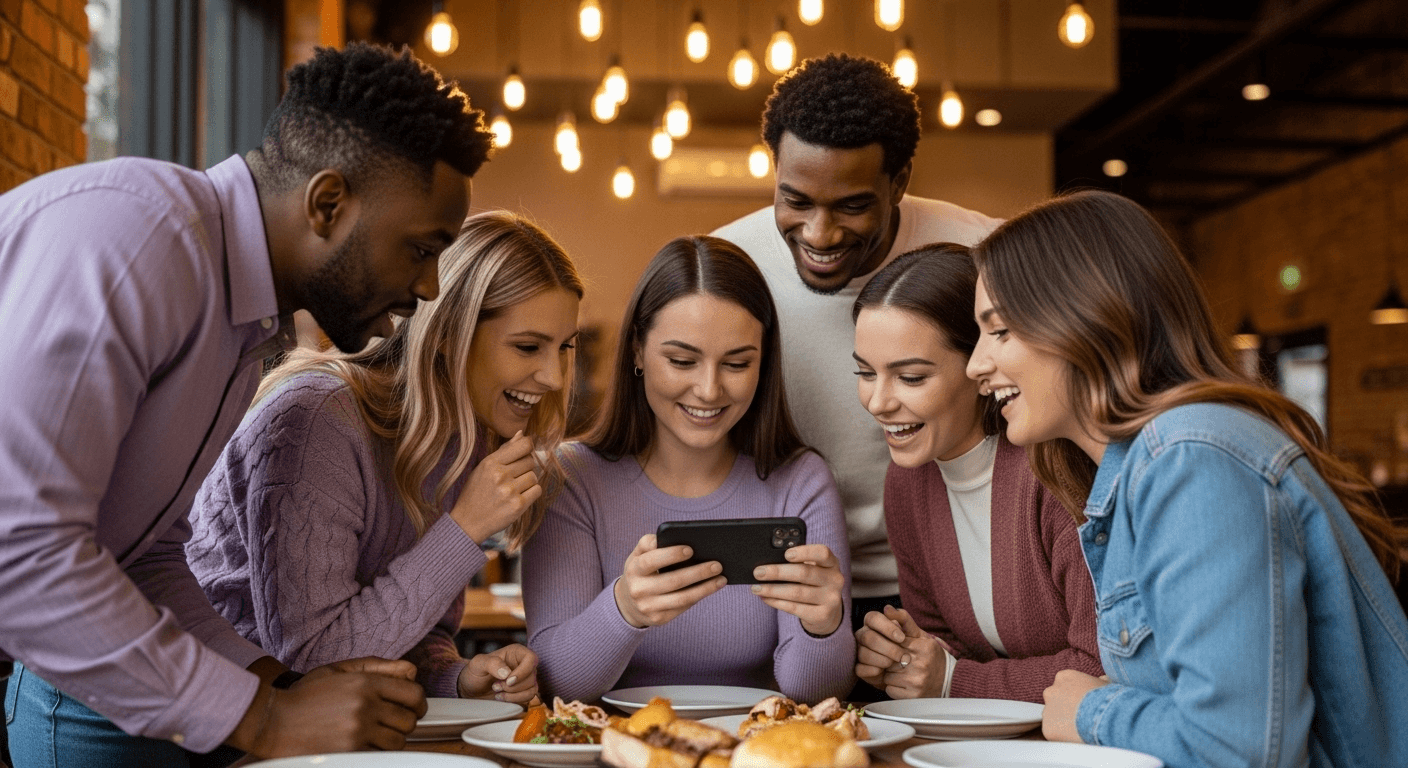 A group of friends huddled around one person's phone at a restaurant table reacting excitedly to a plan coming together