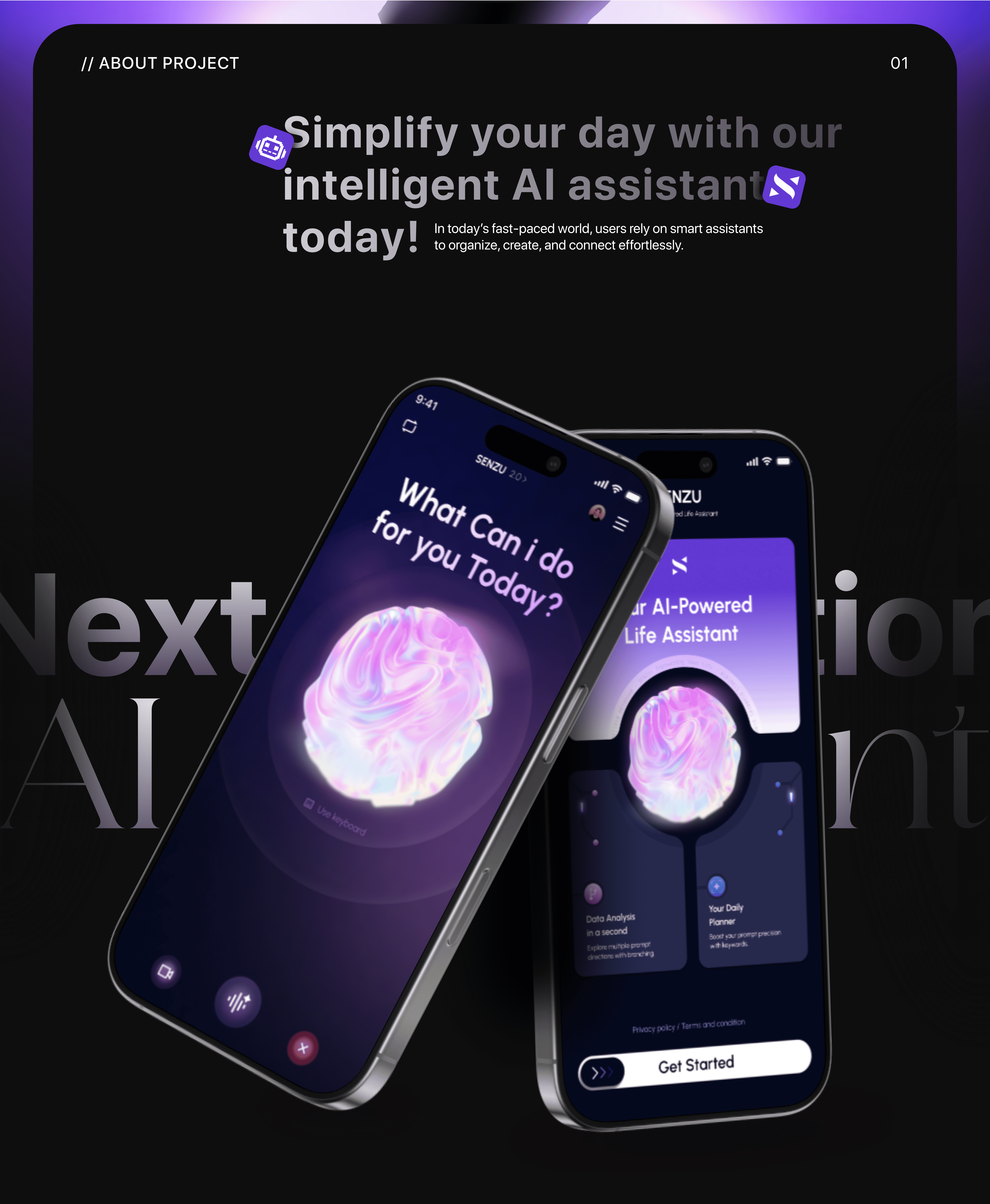 A phone screen displaying a dark-themed app interface with a purple design and text about user engagement.