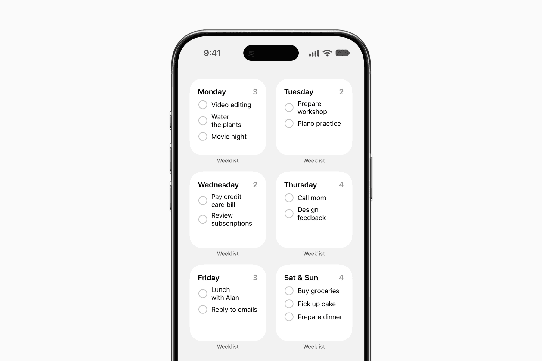 An iPhone mockup showing a home screen page filled with Weeklist widgets for Monday through Sunday.