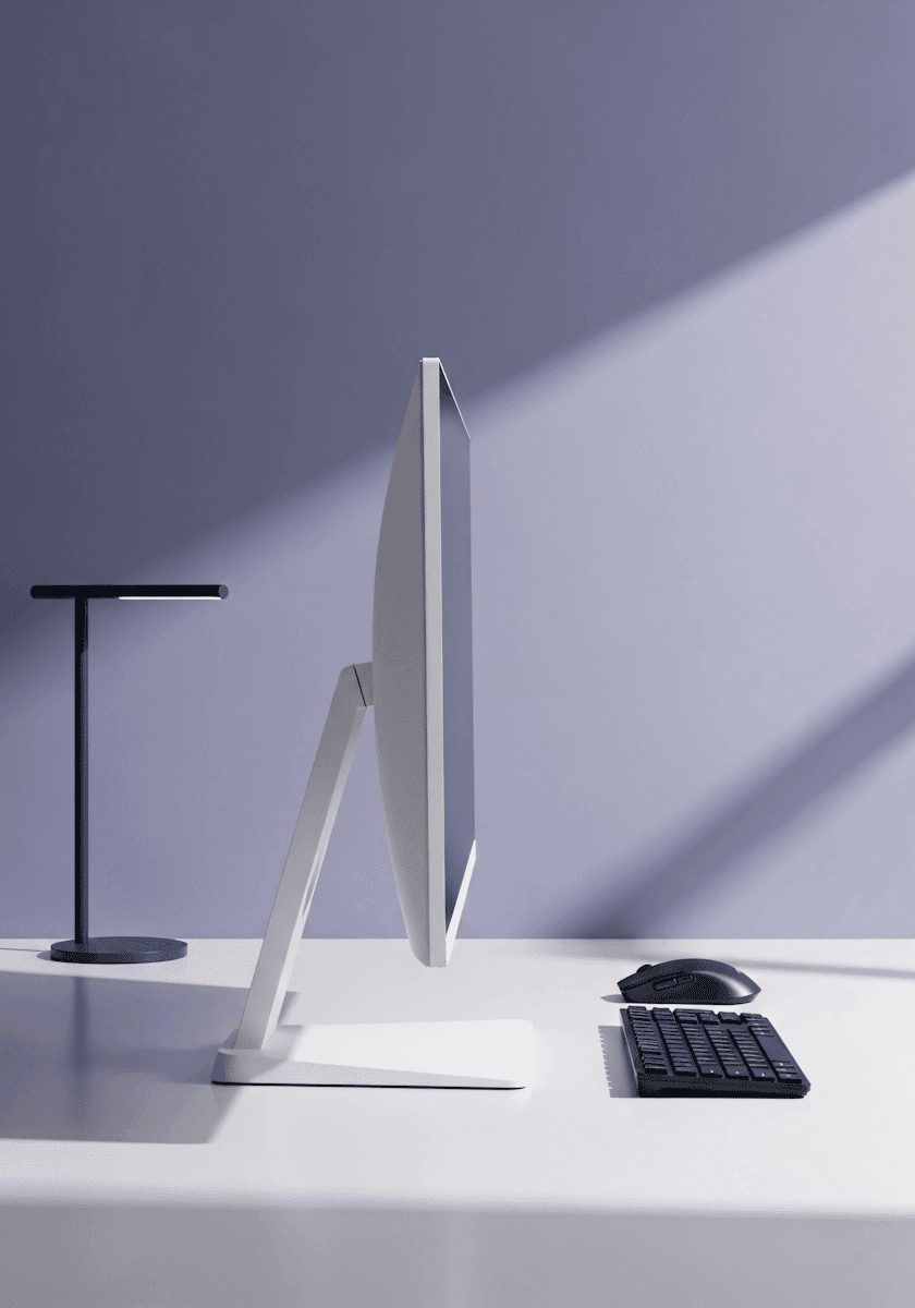  A computer monitor and keyboard positioned on a wooden desk, showcasing a workspace setup.
