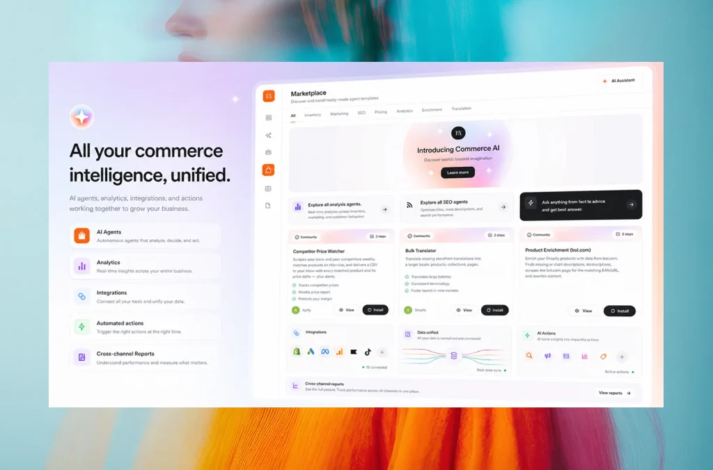 Commerce365 dashboard with AI agents, analytics, integrations and cross-channel reports in front of a colourful blurred portrait