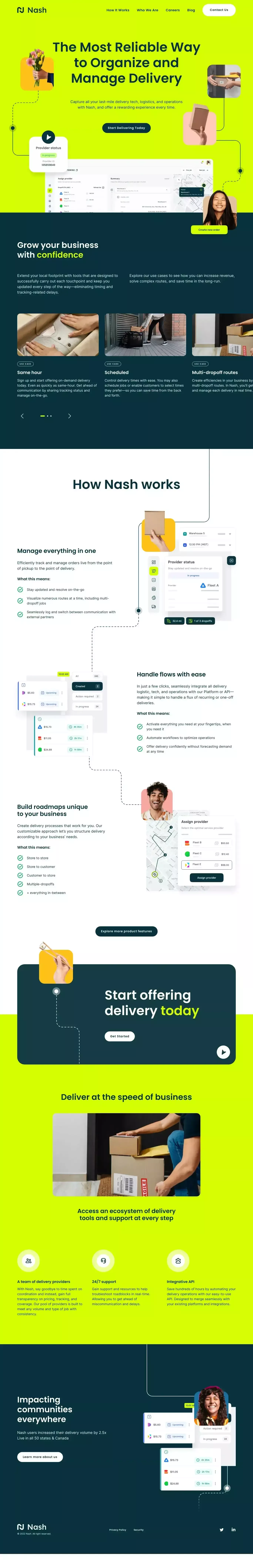 Nash - Reliable local delivery for any b landing page screenshot showcasing Travel and Tech design