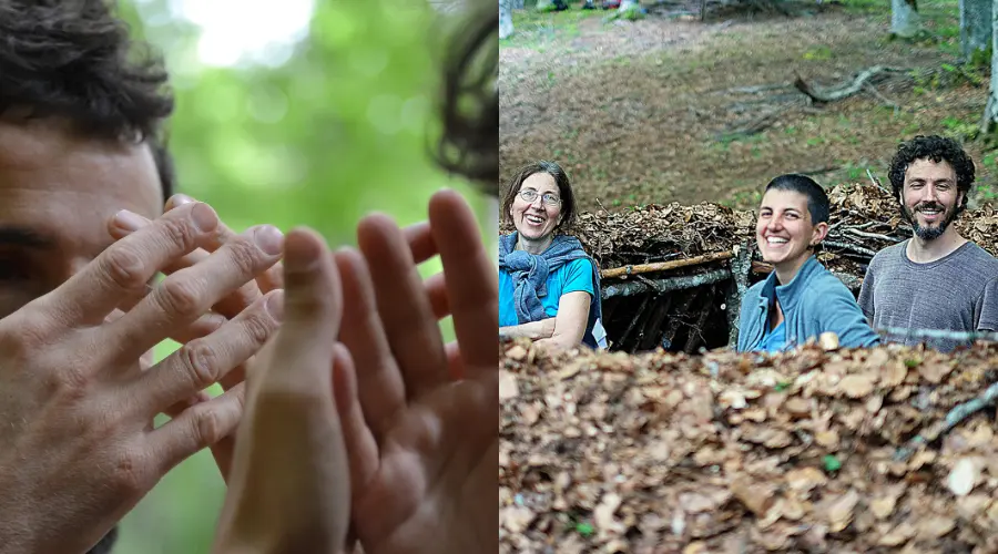 Adulti in natura durante un percorso di sopravvivenza ed educazione indigeno primitiva, tra ascolto interiore, crescita personale e vita di gruppo nel bosco.