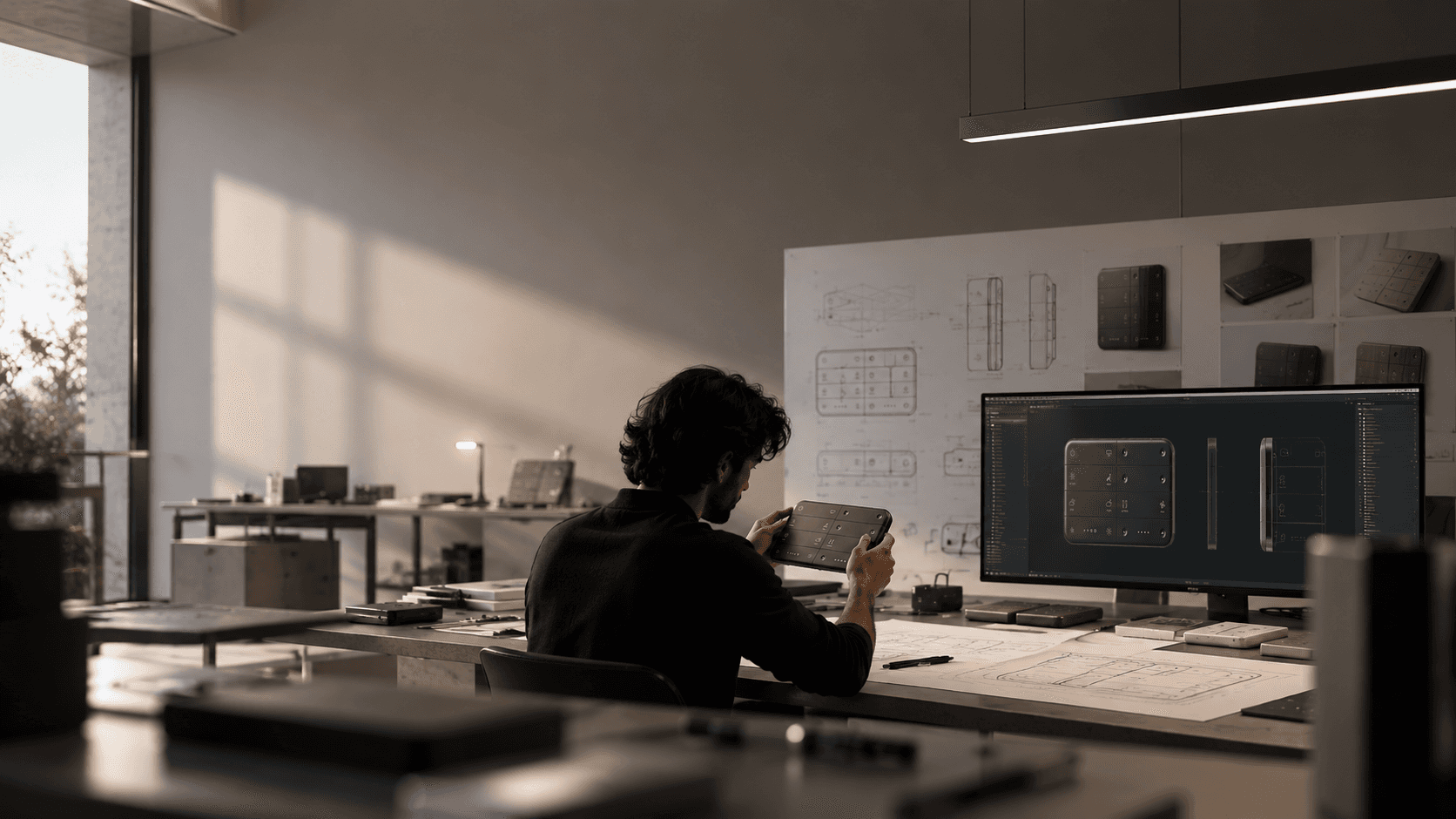 Designer reviewing a console prototype at a workbench