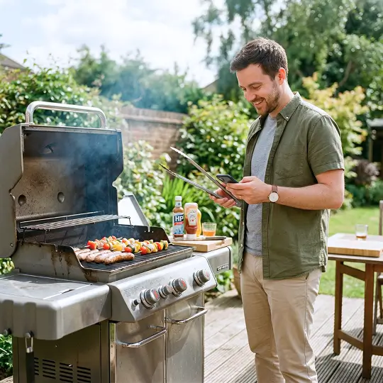 Man standing in a garden checking his phone while using a barbecue grill outdoors.