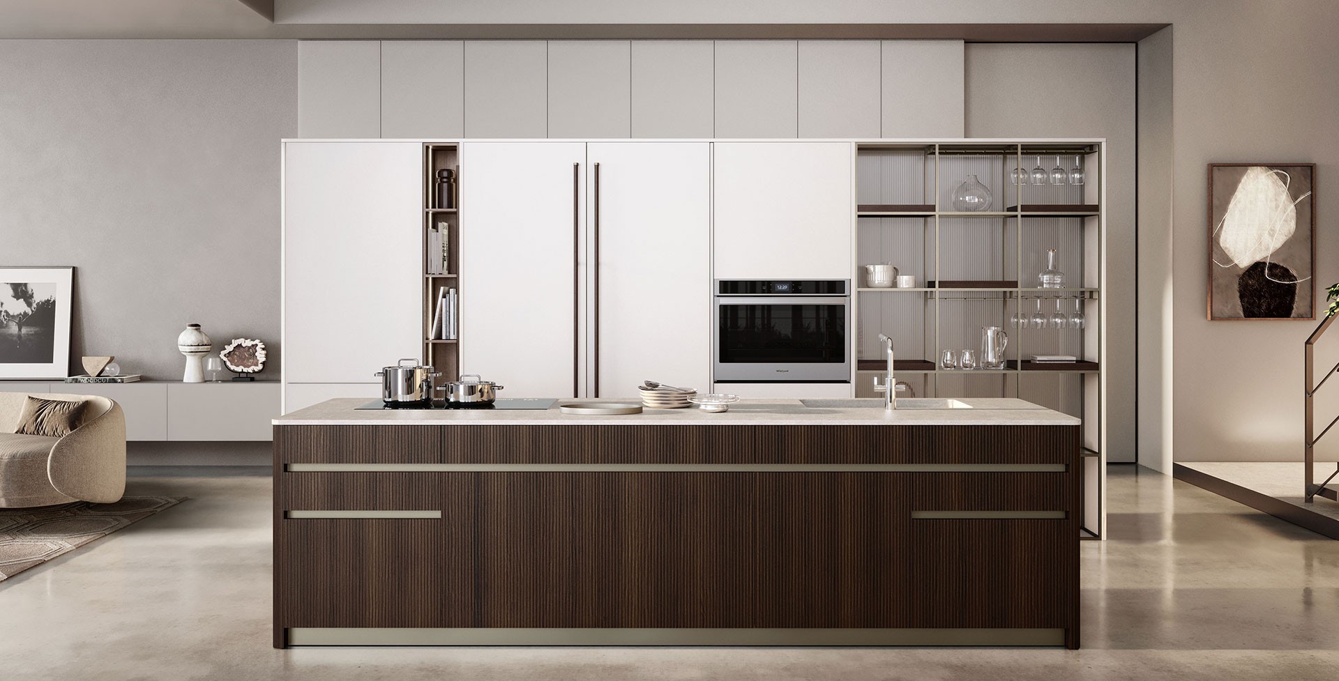 Iconica Rovere Scuro Canneté 892 / Laccato Finitura metallo Bianco Perla 691