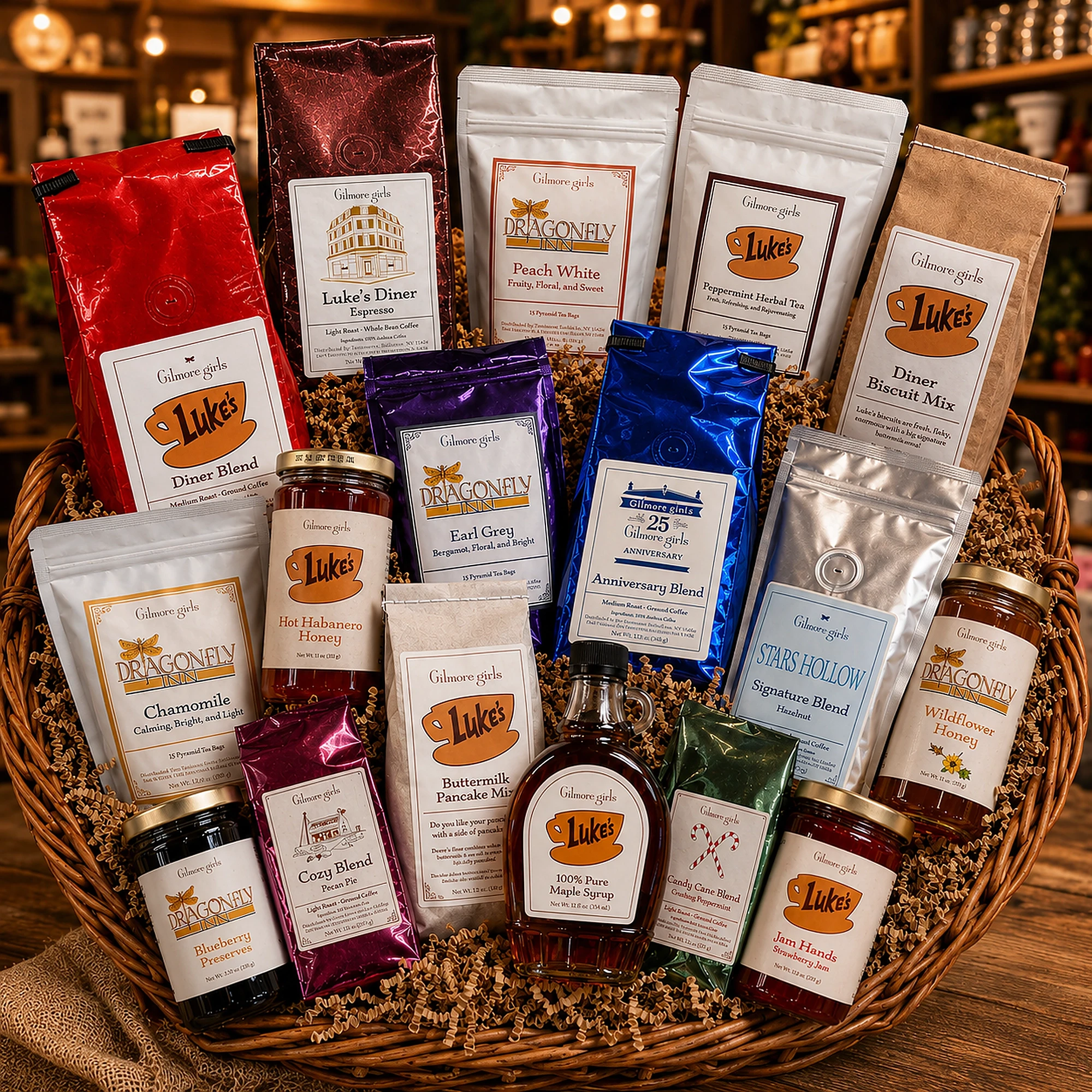 WIcker basket full of Gilmore Girls coffee, teas, and jams