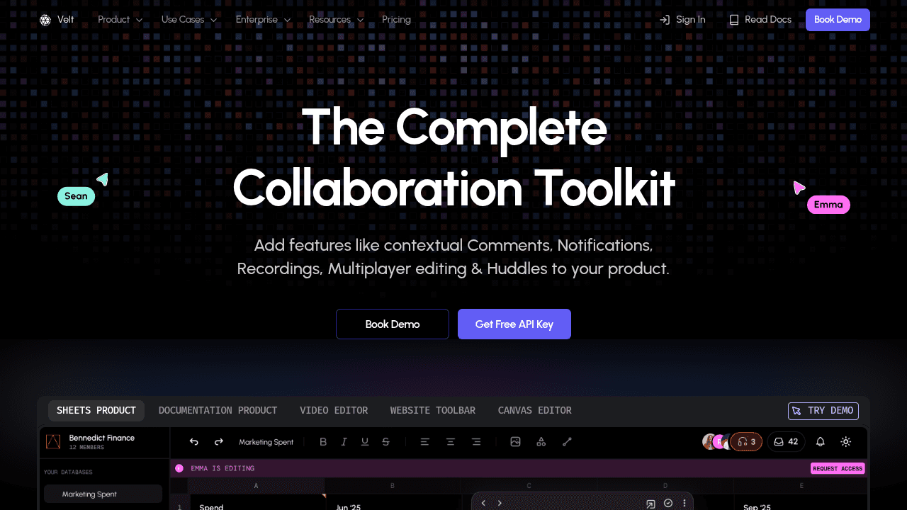 Velt collaboration SDK homepage showcasing real-time collaboration features for rich text editors and web applications