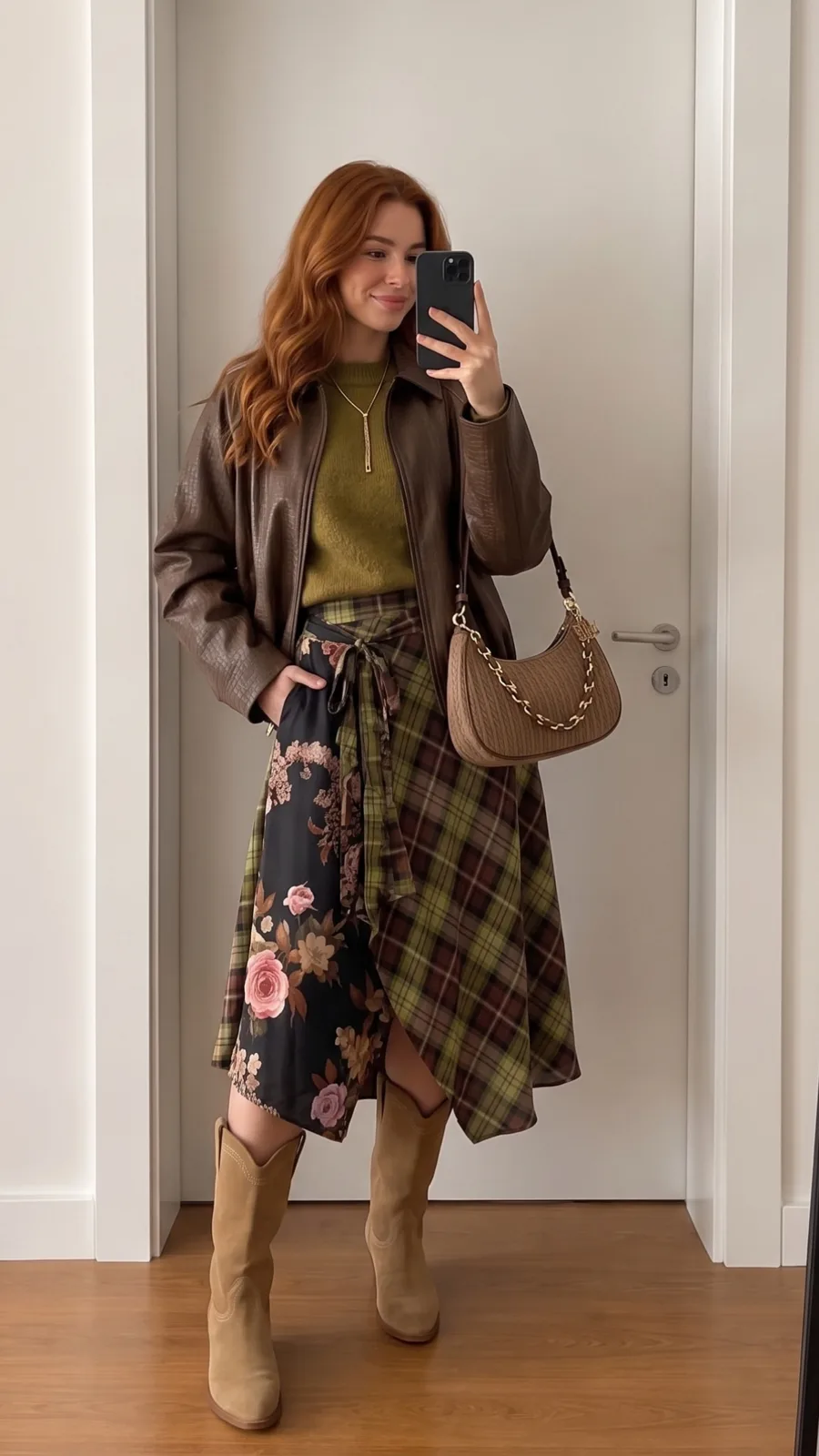 Foto caricata dalla cliente: giacca marrone, maglione verde e gonna a quadri