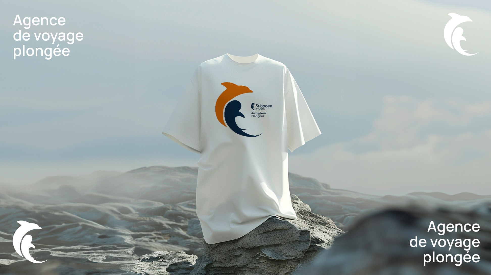 Visuel 3D d'un t-shirt sur la mer, avec le logo Subocea by Dune.