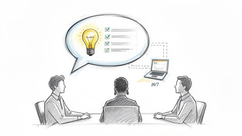 Three people brainstorming ideas and tasks, supported by a 24/7 digital system.