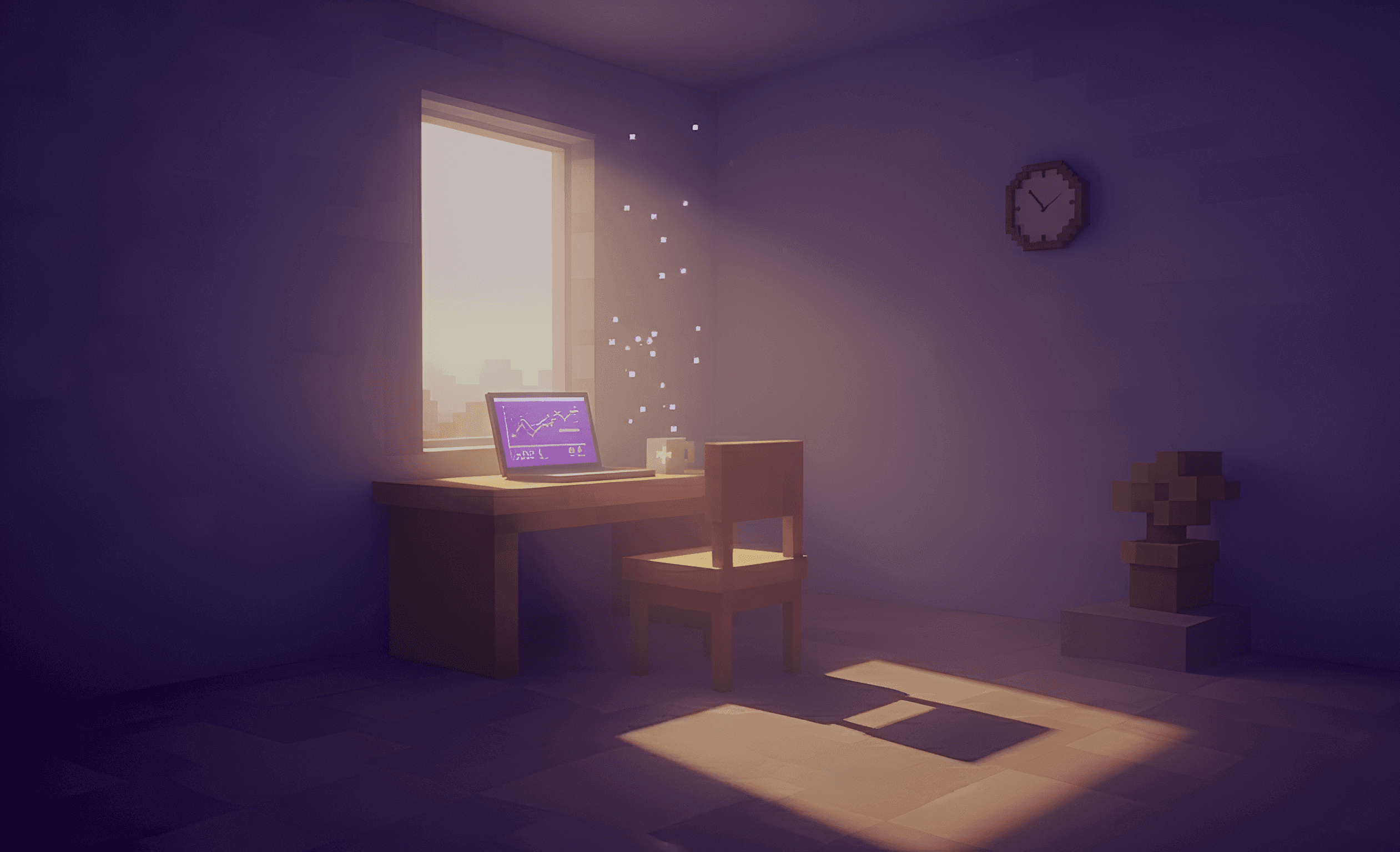 Peaceful workspace scene from the Coaching song, showing a laptop and sunlight to symbolize a better coaching workflow.