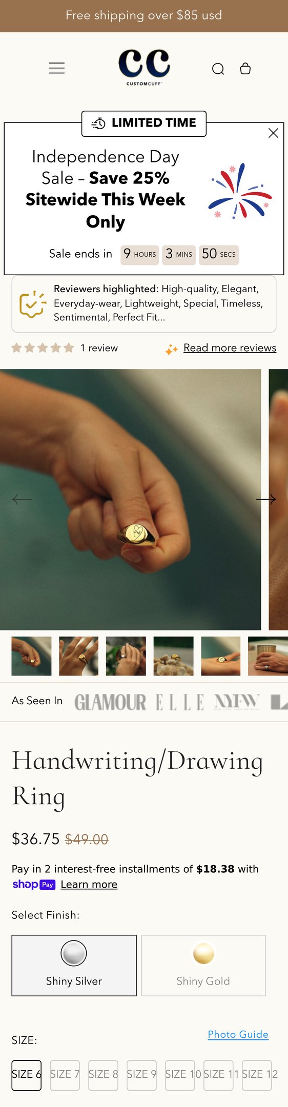 Jewelry product options include: ring for Handwriting/Drawing Ring from Customcuff.