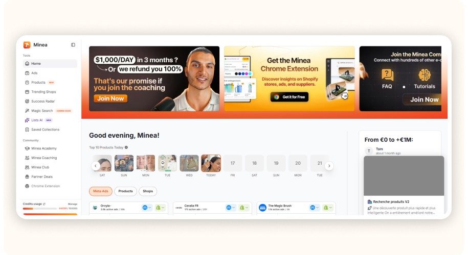 Ecommerce dashboard showing product trends, ads, and analytics overview