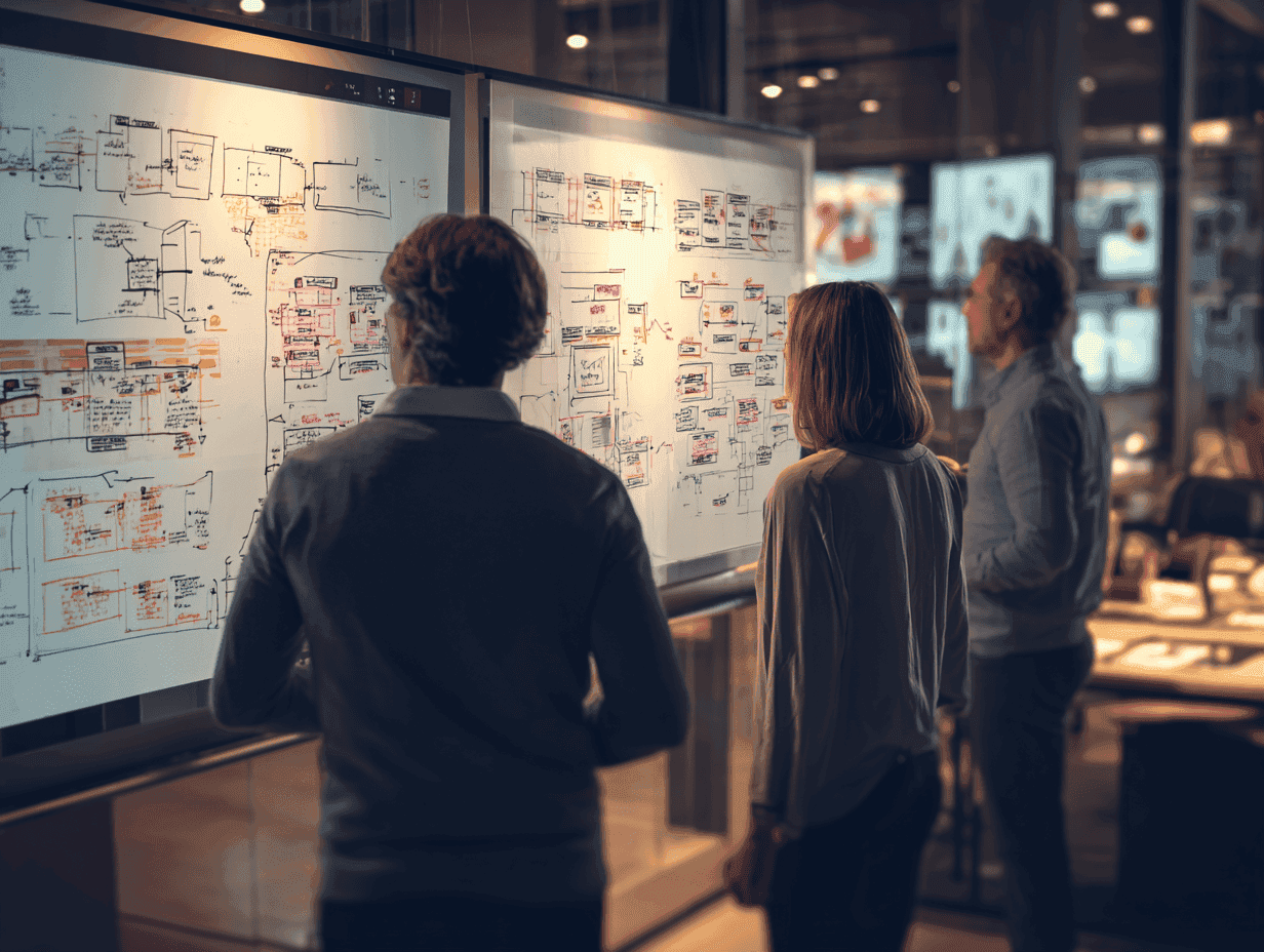 A strategic planning scene with business leaders mapping execution steps on whiteboards and digital screens