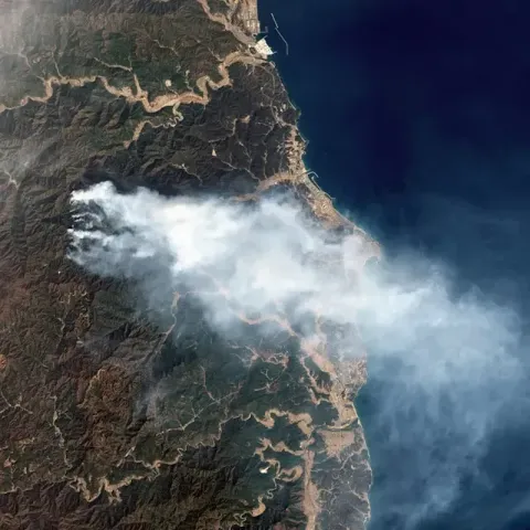 Imagen satelital de un incendio forestal costero con una gran columna de humo extendiéndose sobre el mar, la tecnología de observación satelital que usa Allianz para la detección temprana de incendios