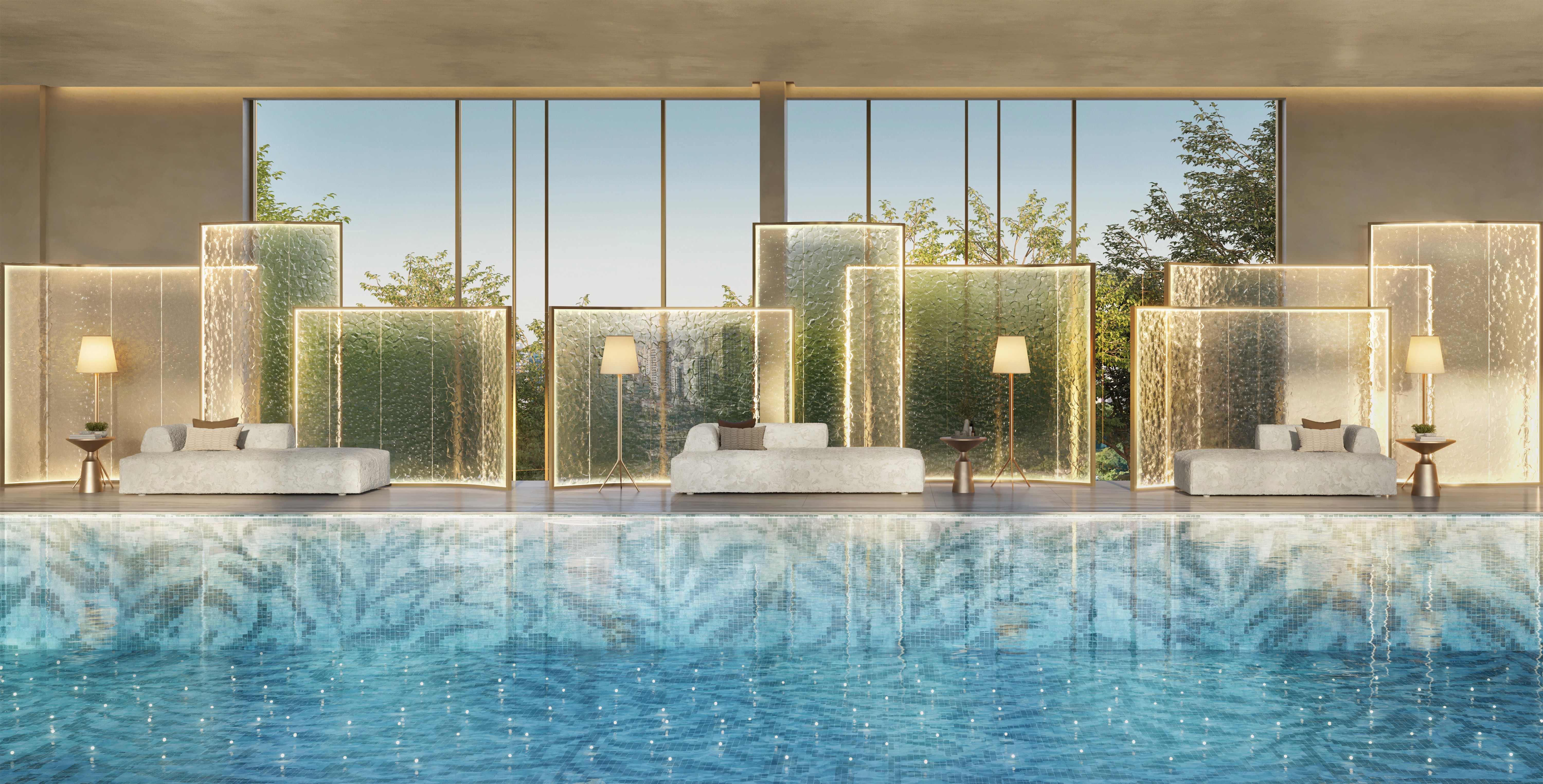 Curved modern skyscraper against a clear blue sky.