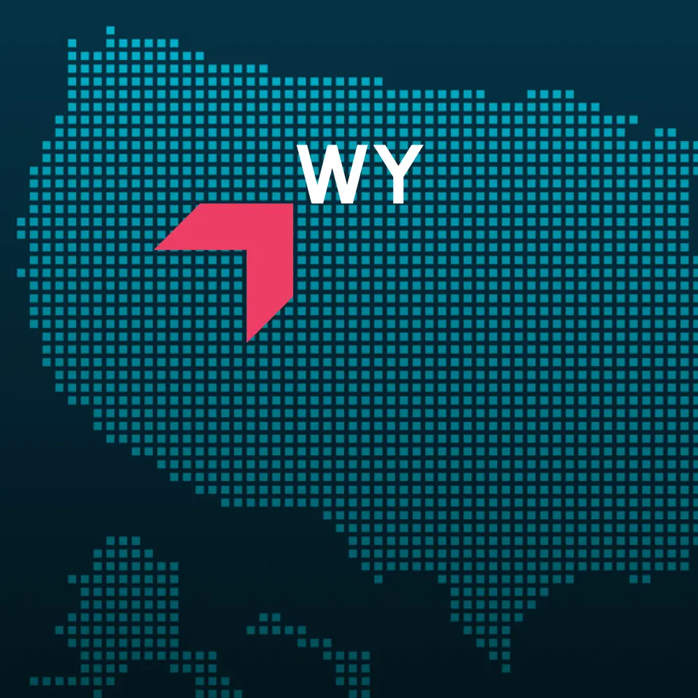 Map highlighting Wyoming with a red arrow, representing GIA Group, LLC truck insurance coverage area.