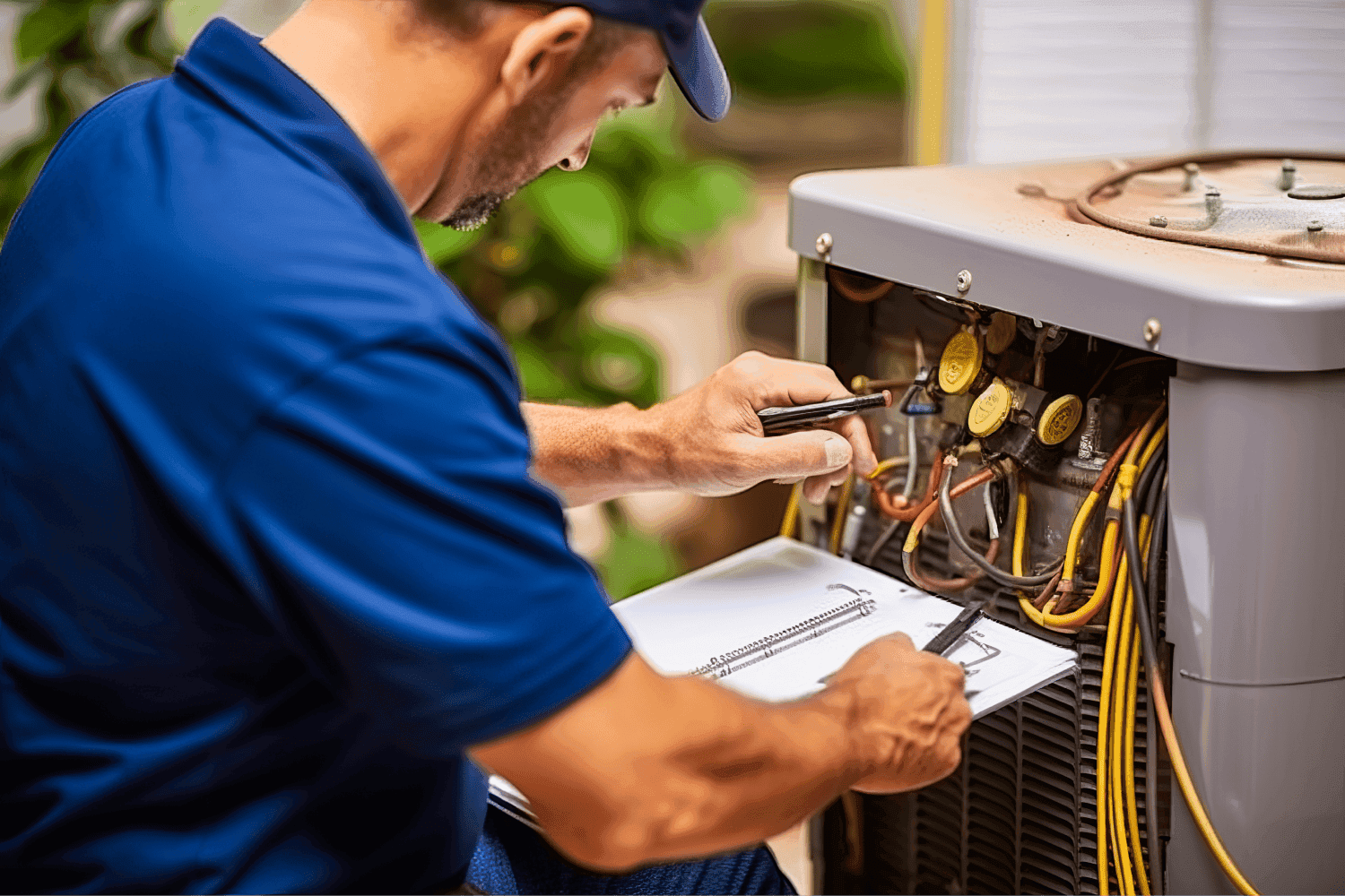 HVAC technician repairing an AC condenser in Wichita, KS, ensuring efficient and reliable cooling solutions.