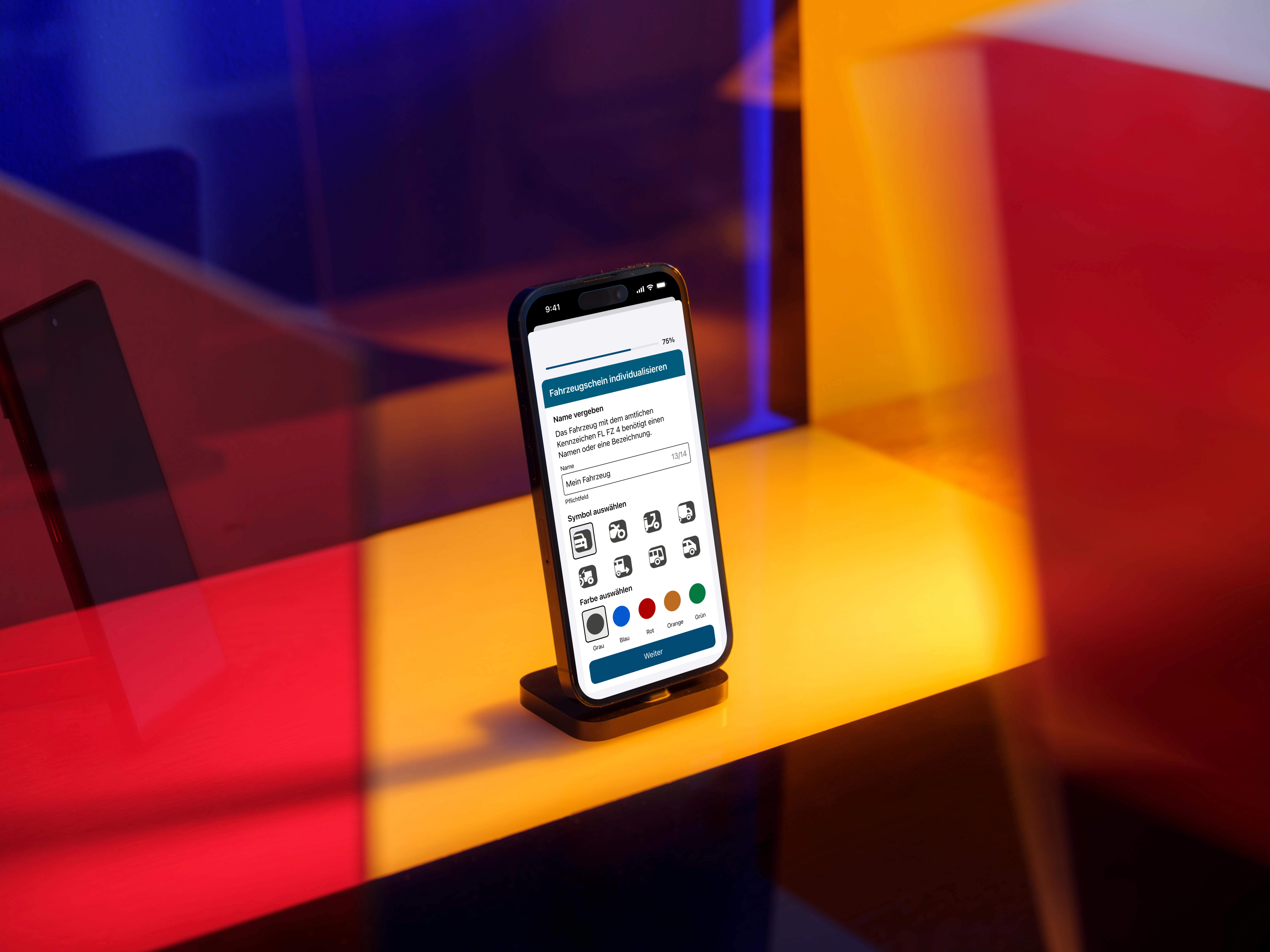 Damit alle Nutzende ihre Fahrzeugscheine direkt erkennen, besteht die Möglichkeit, diese mit dem Konfigurator zu individualisieren. Durch Auswahl von Farbe, Icon und Name des Fahrzeugscheins bekommt die App einen persönlichen Touch.