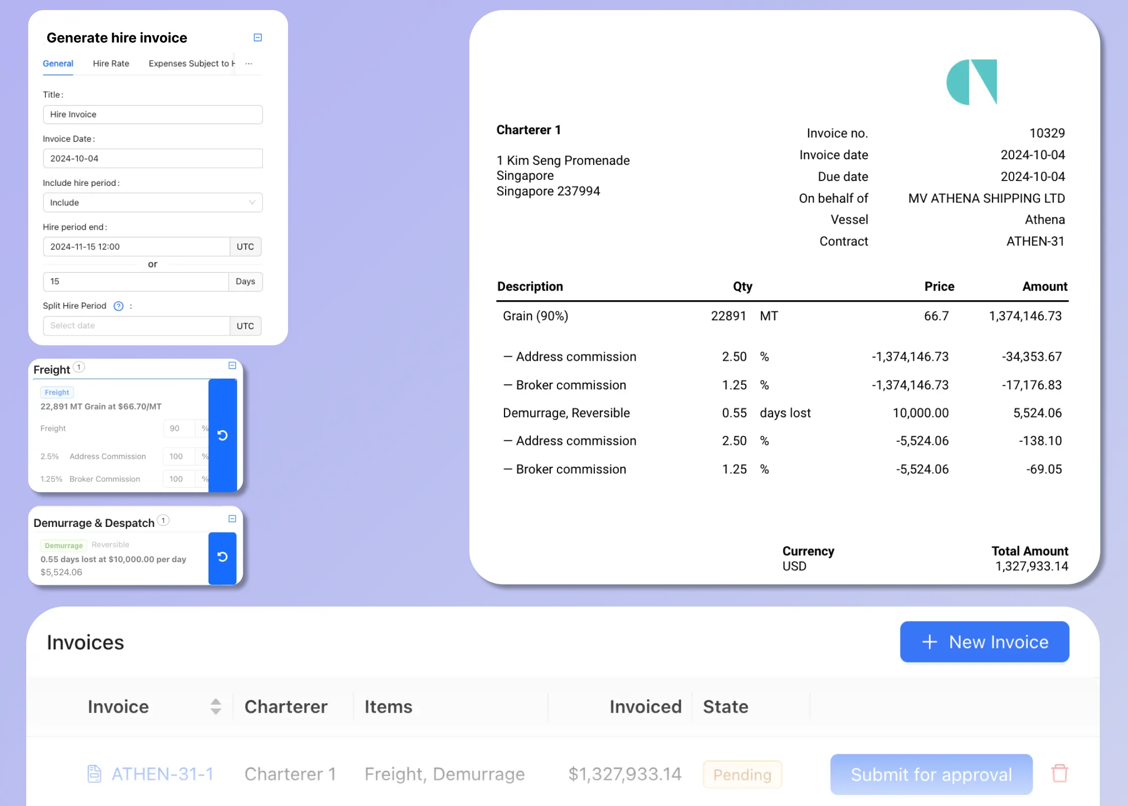 Invoice generator and voyage accounting