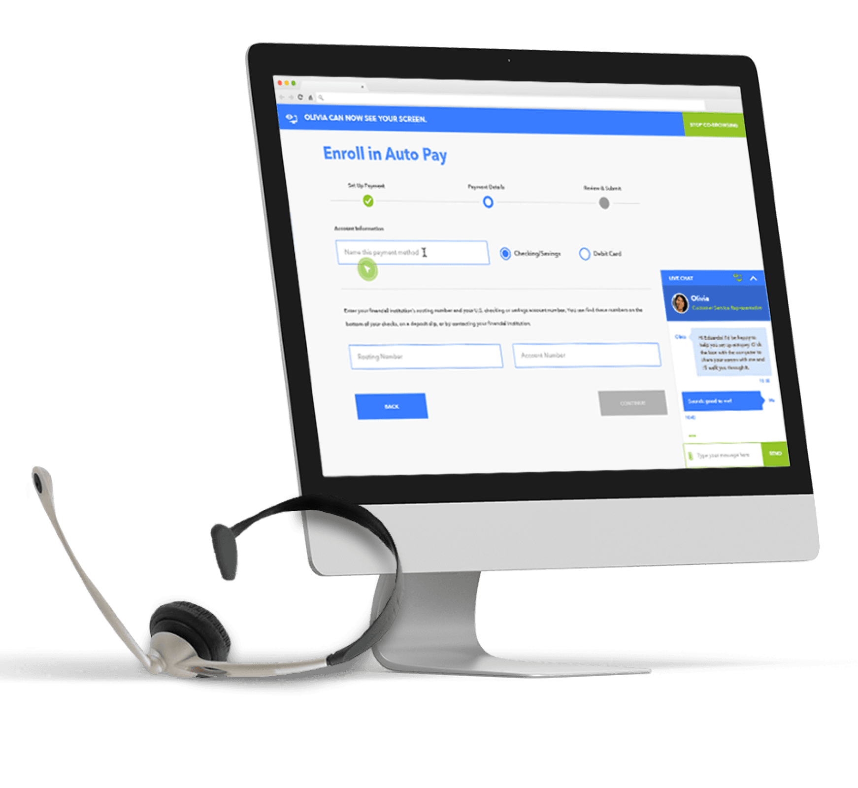 Loan Labs Support promo image. Computer and headset.