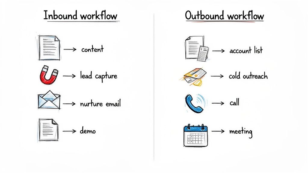 A diagram comparing Inbound and Outbound marketing workflows, detailing steps like content, lead capture, cold outreach, and meetings.