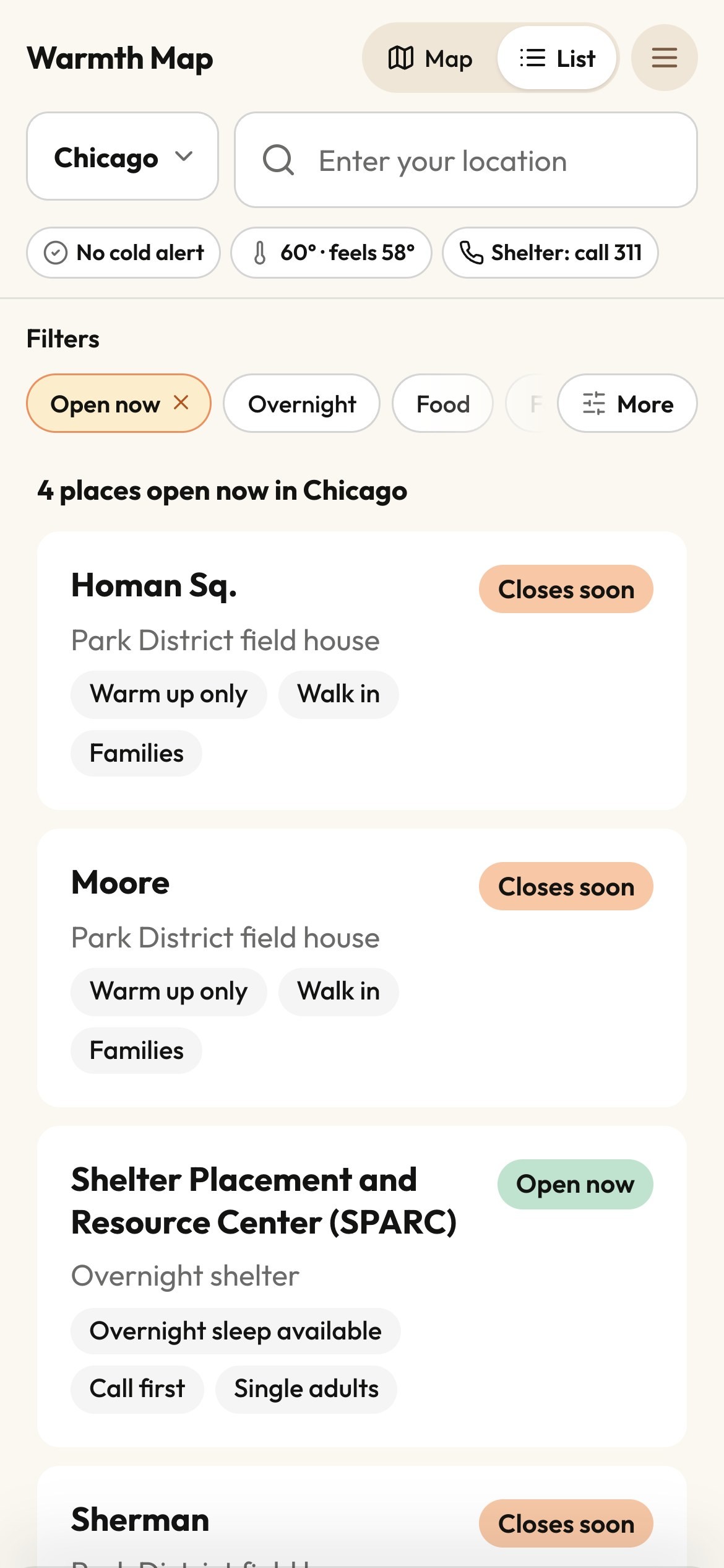 Warmth Map on a phone: list of places open now
