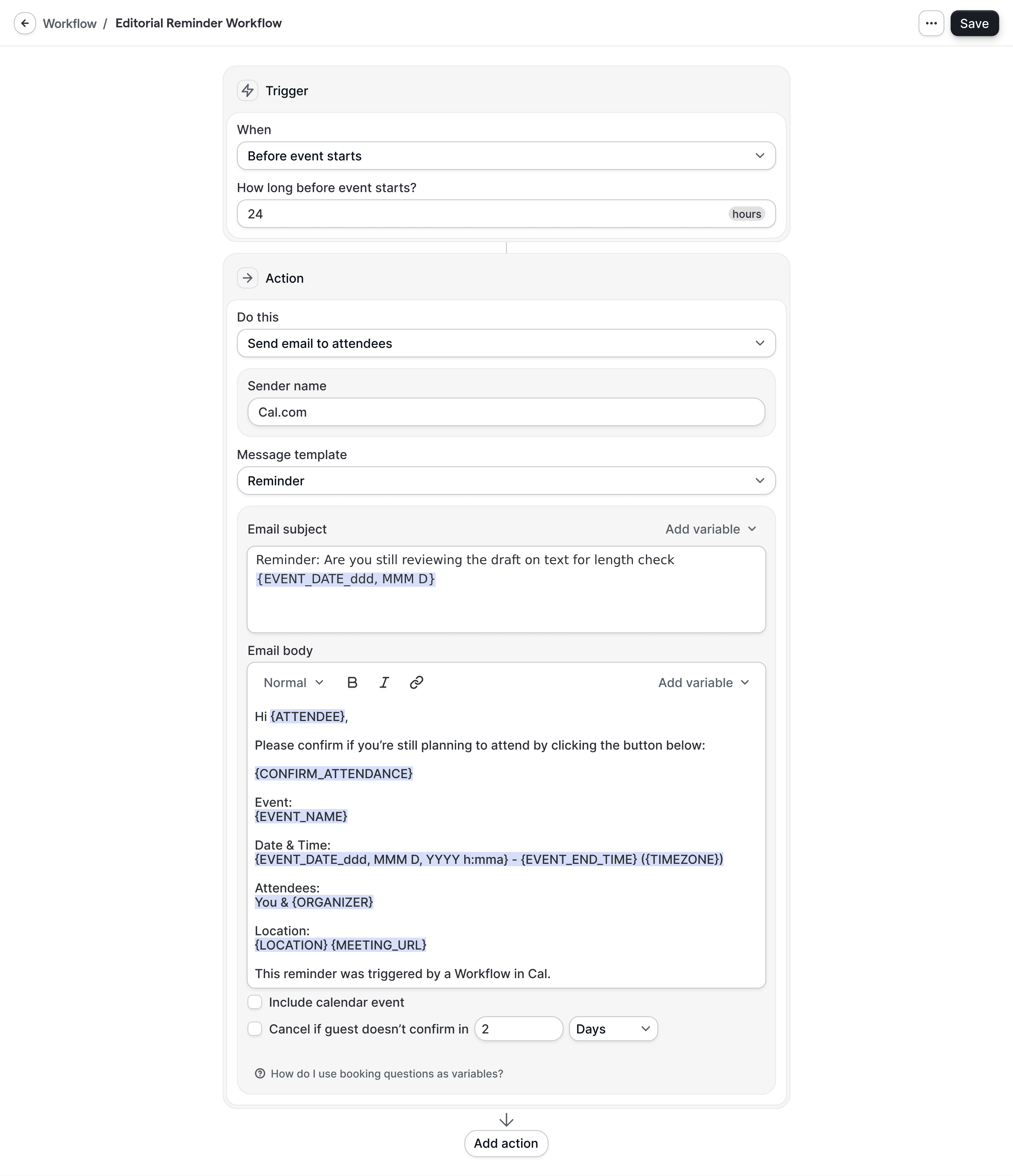 Workflow builder for copywriters and editors showing a 24 hour reminder before a draft review session.