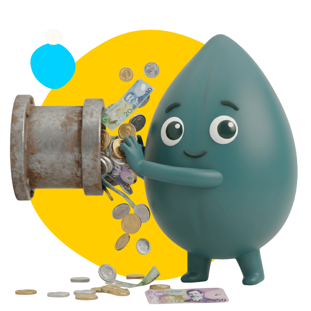 Thankyou Payroll's mascot covering a pipe with money flowing out. They are demonstrating how price caps prevent waste.