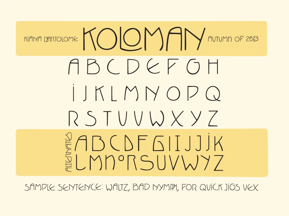 Typface poster of the font KOLOMAN. It features the uppercase alphabet and several alternate glyphs and ligatures.