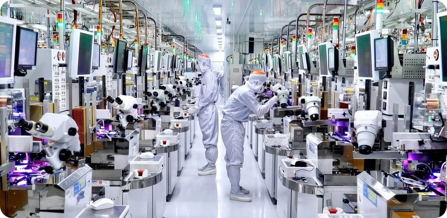 Technicians in cleanroom suits working at microscope stations on an electronics manufacturing line
