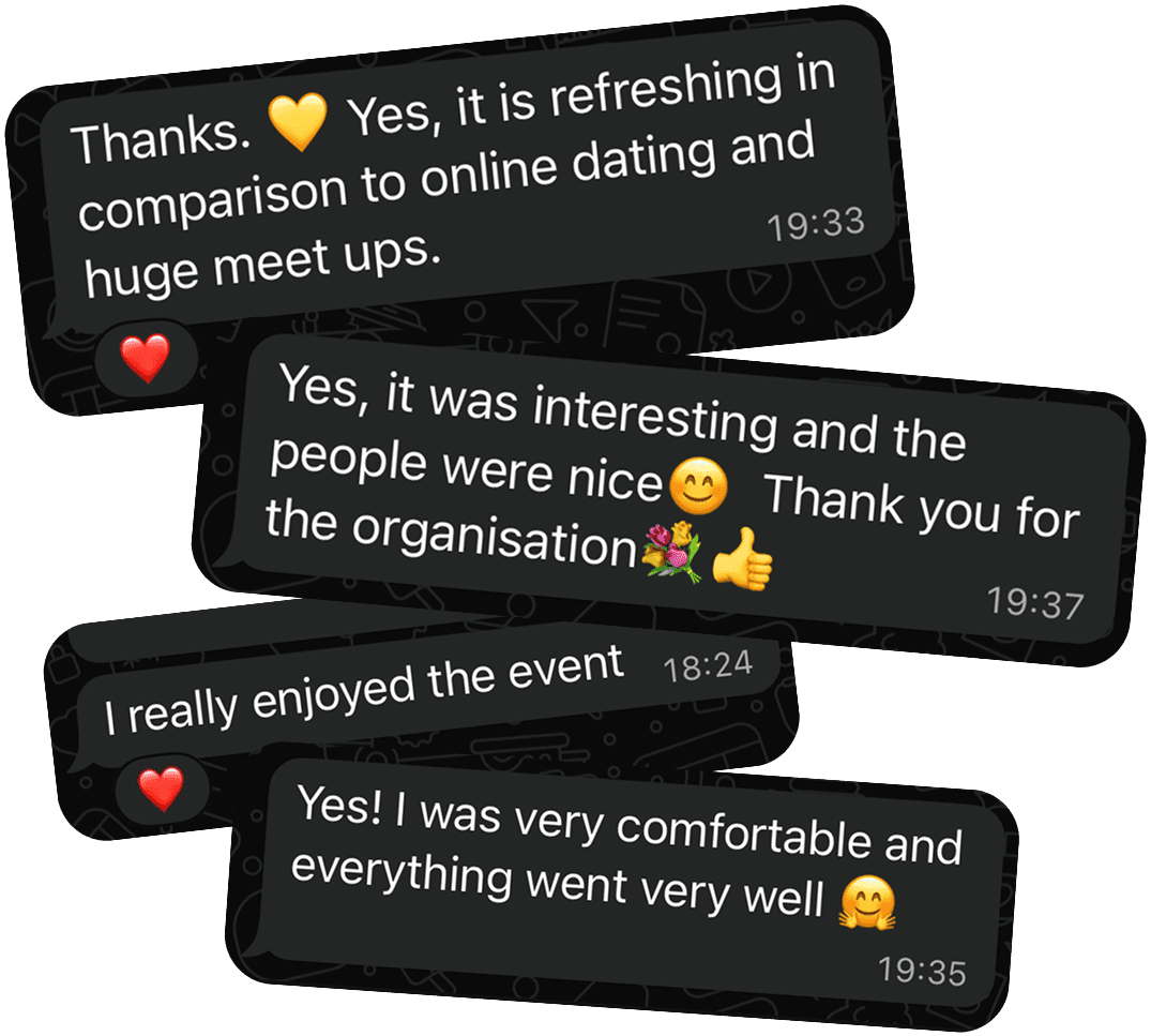 Customer review. It is refreshing in comparison to online dating and huge meetups. It was interesting and the people were nice. Thank you for the organisation. I really enjoyed the event. I was very comfortable and everything went well.