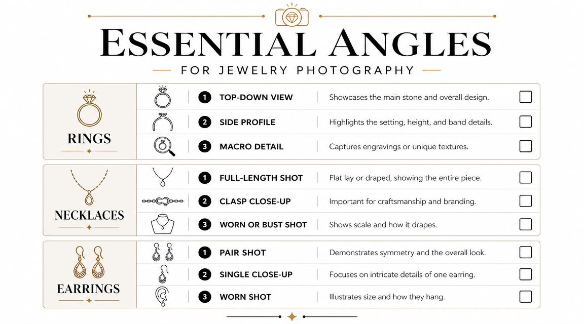 An infographic titled Essential Angles for Jewelry Photography, detailing recommended camera angles for photographing rings, necklaces, and earrings.