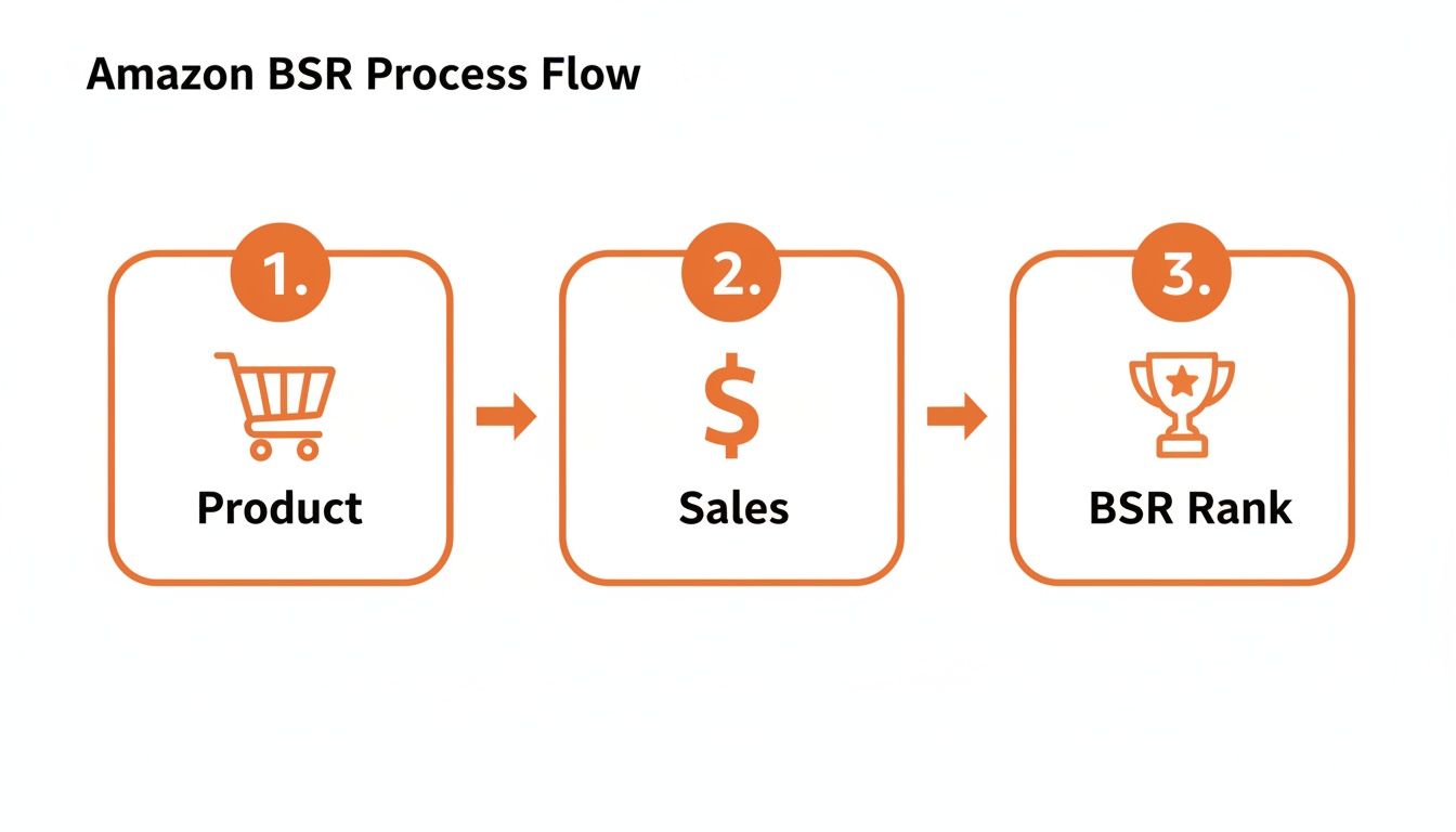 Flowchart showing the Amazon BSR process: Product leads to Sales, which determines BSR Rank.