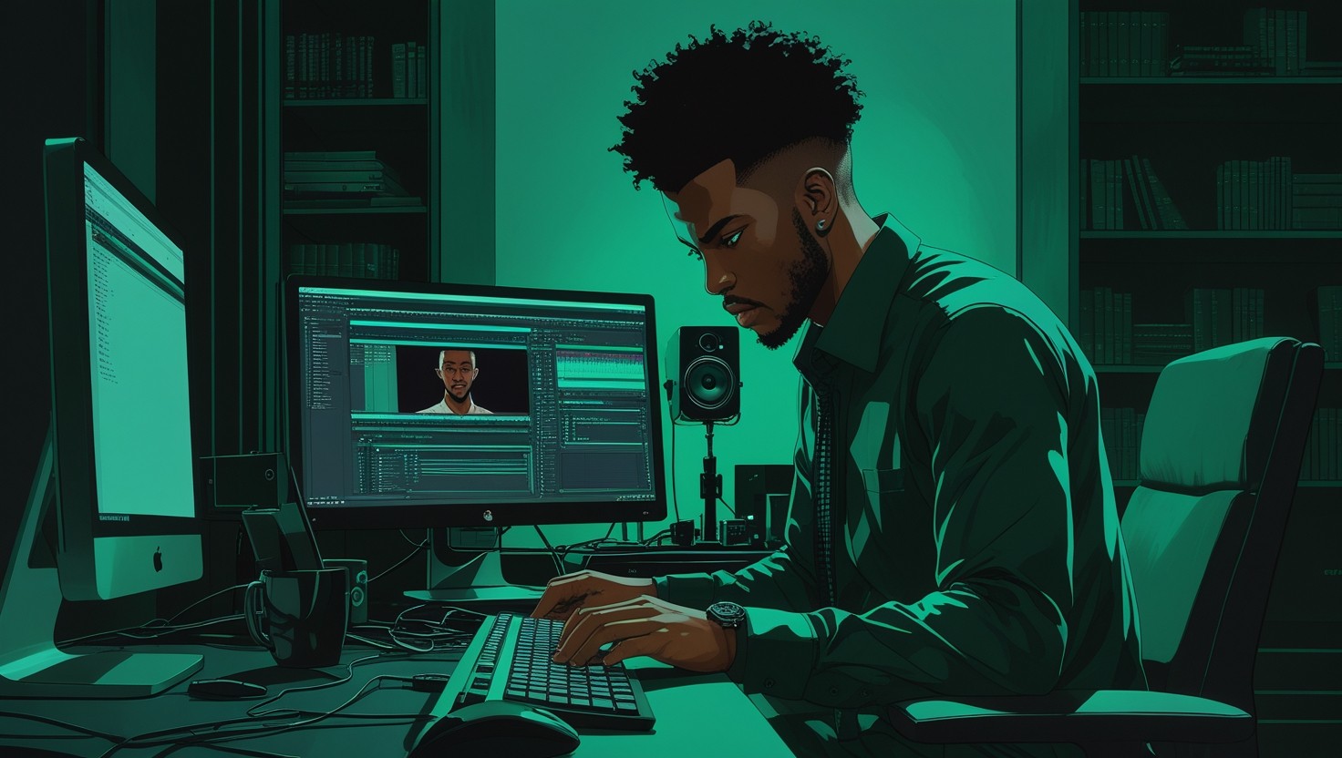 An image of a black video editor editing a video on his desktop